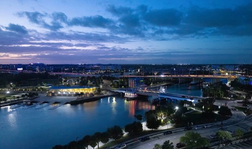 High angle evening view of the Tampa city skyline in Florida with illuminated buildings a