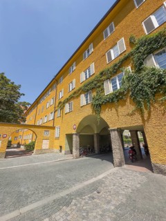 Yellow residential buildings, Borstei, heritage-protected residential development, Munich, Bavaria,