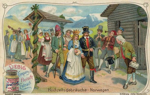 Picture series wedding customs, a newlywed couple in Norwegian traditional costume, surrounded by