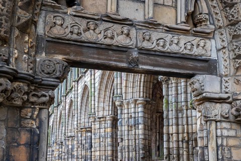 Main west door of Holyrood Abbey, ruined 12th century abbey of the Canons Regular in Edinburgh,
