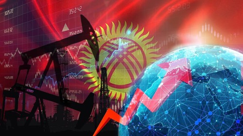 Global oil growth with Kyrgyz flag. International oil exports with Kyrgyzstan flag on the economic