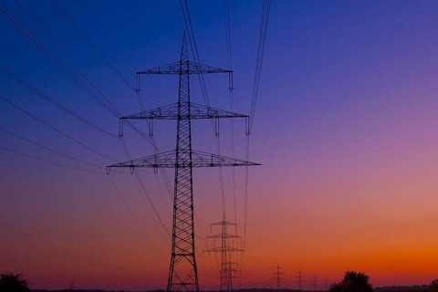 Transmission lines in front of sunset, power line, electricity, energy