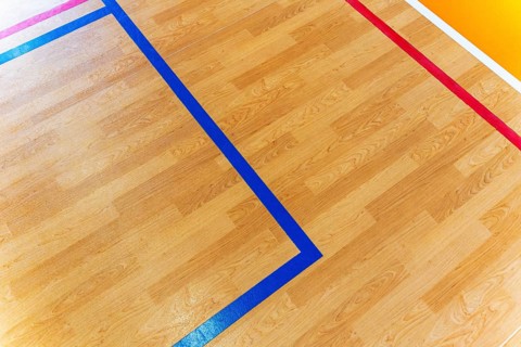 A close-up view of an indoor sports court with blue and red marking lines on a wooden floor. The