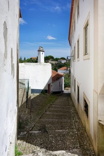 Steps and view over the castle ramparts, Santarem, Ribatejo, Portugal
