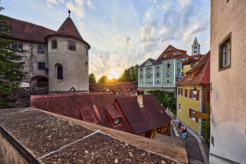 Old town, historic buildings, Meersburg Castle, round tower, wall, elevated perspective, evening