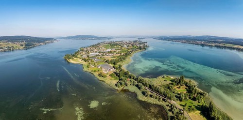 Aerial view, panorama of the island of Reichenau in western Lake Constance, Untersee, on the