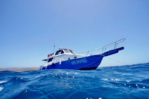 A dive boat floats on the blue sea surface, meteor wreck dive site, Russian hydrofoil ferry,