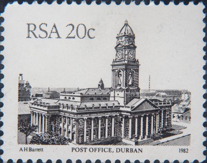 The Post Office in Durban, built in 1885, in South Africa. Image on South African postage stamp