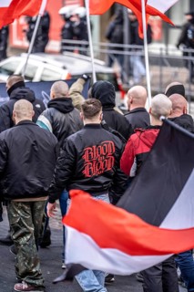 The neo-Nazi group Jung und Stark, JS, demonstrates in the city centre of Essen, demanding the