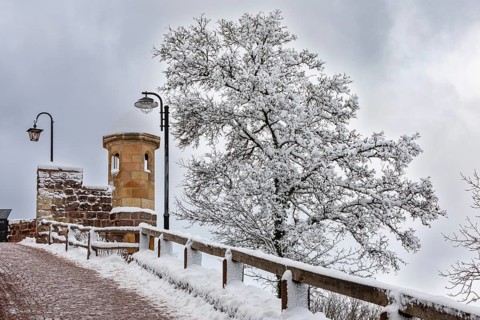 Snowy castle wall with tree and street lights under cloudy sky, The Wartburg near Eisenach in