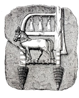 Relief of an Assyrian throne. At the center is a richly decorated horse with detailed bridle and
