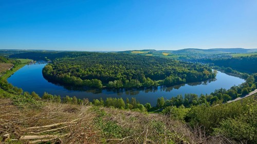 Green hills and dense forest surround the quiet river, Mainschleife, Urphar, Wertheim, Main Tauber