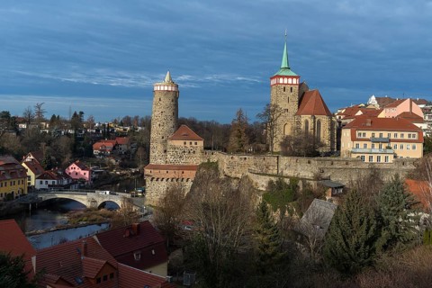 View of the historic city wall with towers in the old town, below the Spree, Bautzen, Upper