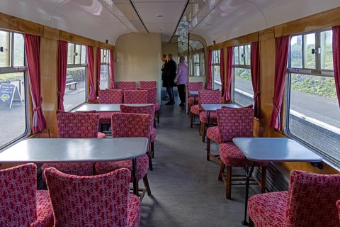 Interior view, dining car, steam railway, Gloucestershire Warwickshire Steam Railway, GWSR, The