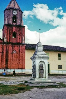 Stone megalithic statues in the town's church square, San Agustin, Colombia, South America 1961