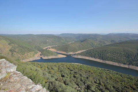 View from Castillo de Monfragüe to riverbank landscape from the river, Rio Tajo, estuary, river