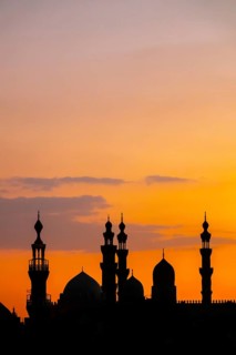 The two mosques al-Rifa'i and Sultan Hassan in Cairo, Egypt, silhouette, sunset, studio,