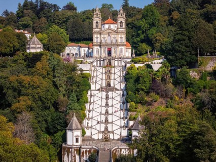 Drone aerial view of the Sanctuary of Bom Jesus do Monte in Braga, Portugal, featuring the church,
