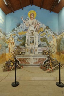Chancel with mural of Chapelle des Pénitents Blancs, interior view, church, Penitents, mountain