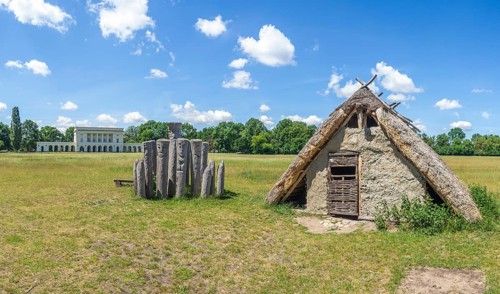 Reconstruction of a house from the 6th century near Pohanska hunting lodge, Breclav, Jihomoravský