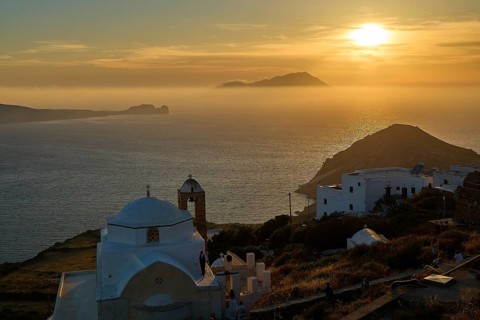 Panagia of Thalassitra church, Panagia Thalassitra, sunset over the sea with a church in the