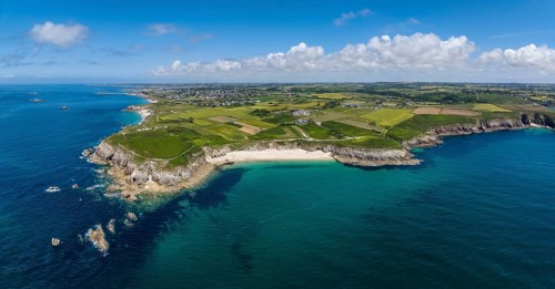 Aerial view, panorama of Pointe Corsen, a cape at the westernmost point of continental France on