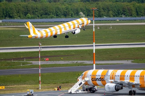 Condor aircraft takes off on Hauptbahn Süd, Condor Flieger on apron, Düsseldorf Airport, DUS, North