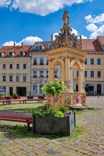 Market fountain by stonemason Gregor Richter, memorial, Neumarkt, Oschatz, Saxony, Germany