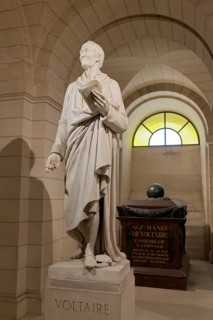 Statue and tomb of Voltaire, crypt of the Panthéon, National Hall of Fame, Latin Quarter, Paris,