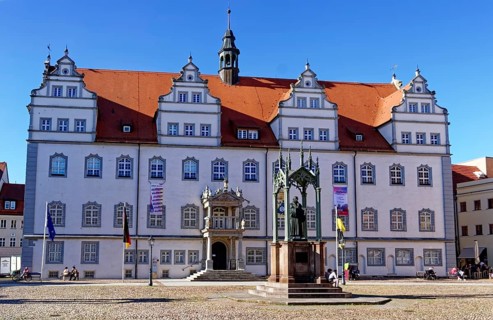 Luther monument on Wittenberg market square. Luther city Wittenberg, Saxony-Anhalt, Germany