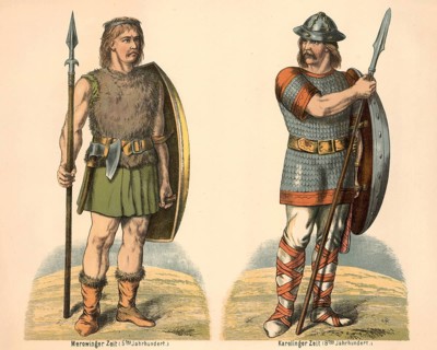 Frankish warriors of the Merovingian and Carolingian periods. The left warrior is depicted in the