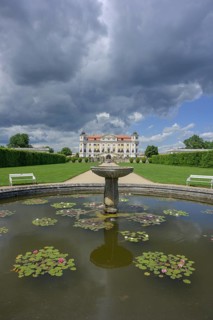 View of the castle from fountain with water lilies, Milotice u Kyjova, South Moravian Region, Czech