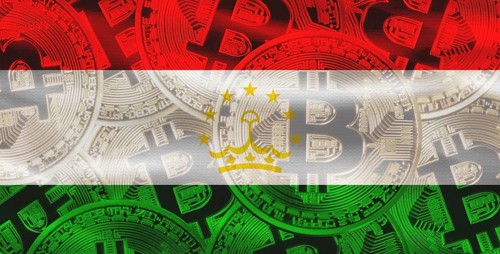 Tajik flag with Bitcoin in the background. Bitcoin cryptocurrency with Tajikistan flag, Investors