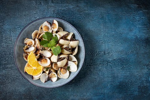 Vongole clams, with spices and white wine, top view, no people