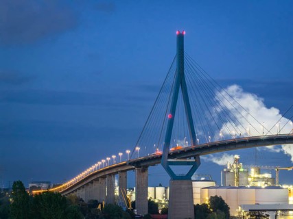 Aerial view of Köhbrand Bridge at Blue Hour, Hamburg, Germany