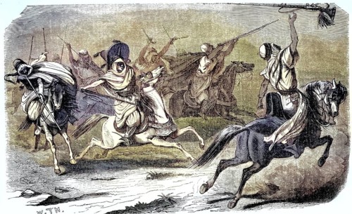 19th century illustration depicts the Moroccan Fantasia tradition known as Tbourida. Scene depicts