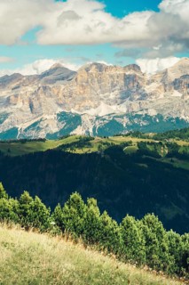 Aerial view Beautiful Dolomites mountain landscape Italy rocky jagged peaks green alpine valley