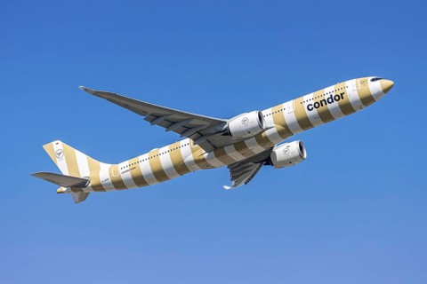 A Condor Airbus A330-900neo aircraft with the D-ANRP license plate at Frankfurt Airport, Germany