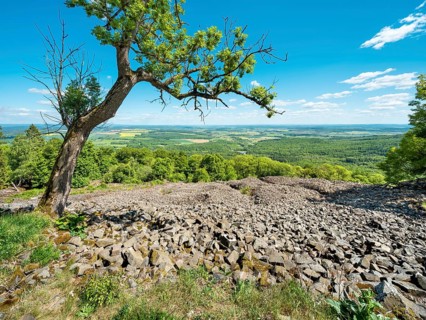 Blockheap on Kleiner Gleichberg, former Celtic oppidum Steinsburg, view over the landscape of the