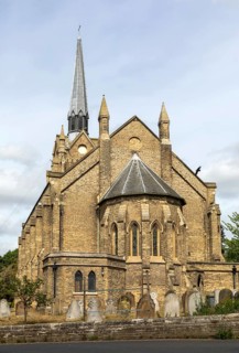 Gothic revival architecture, east end and spire, St John the Evangelist's Church, Woodbridge,