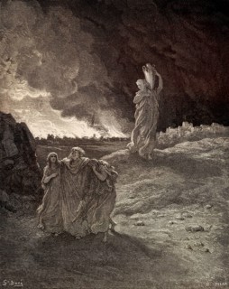 Lot and his family fleeing from burning Sodom and Gomorrah, Old Testament, woodcut by Gustave Doré