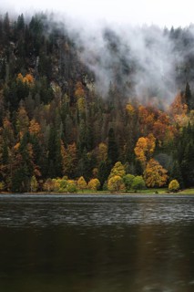 Atmospheric landscape with quiet water surface, surrounded by mist-covered autumn forests in bright