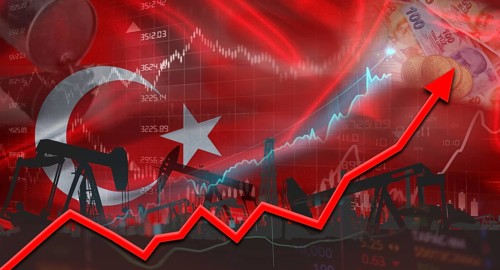 Growth of oil industry with Turkish flag. Oil production with Turkish flag, Oil pumps with Turkish