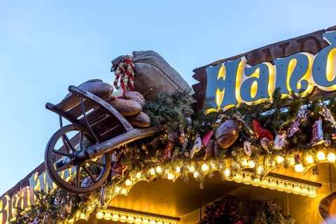 Detailed decoration on the stalls of the Striezelmarkt Christmas market, Dresden, Saxony, Germany