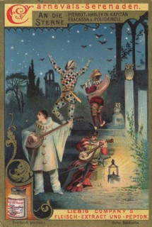 Picture series of carnival serenades, Pierrot, Harlequin, Captain Fracassa and Polichinell during a