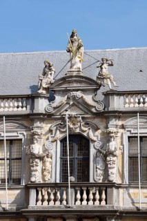 Balcony and figures at the cathedral provostry, Bruges, West Flanders, Flanders, Belgium