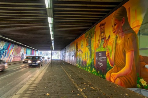 Huge street art pictures in a road tunnel in Gelsenkirchen, the approximately 120 meter long