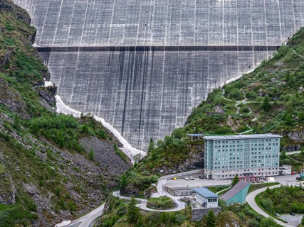 Grande Dixence dam, hotel just below the gravity dam, lake Lac des Dix, aerial view, Switzerland
