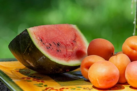Fresh watermelon and apricots on an outdoor table with green background, Provence, France