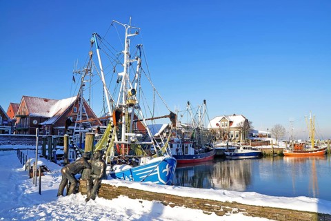 The port of Neuharlingersiel in winter, East Frisia, Lower Saxony, Federal Republic of Germany